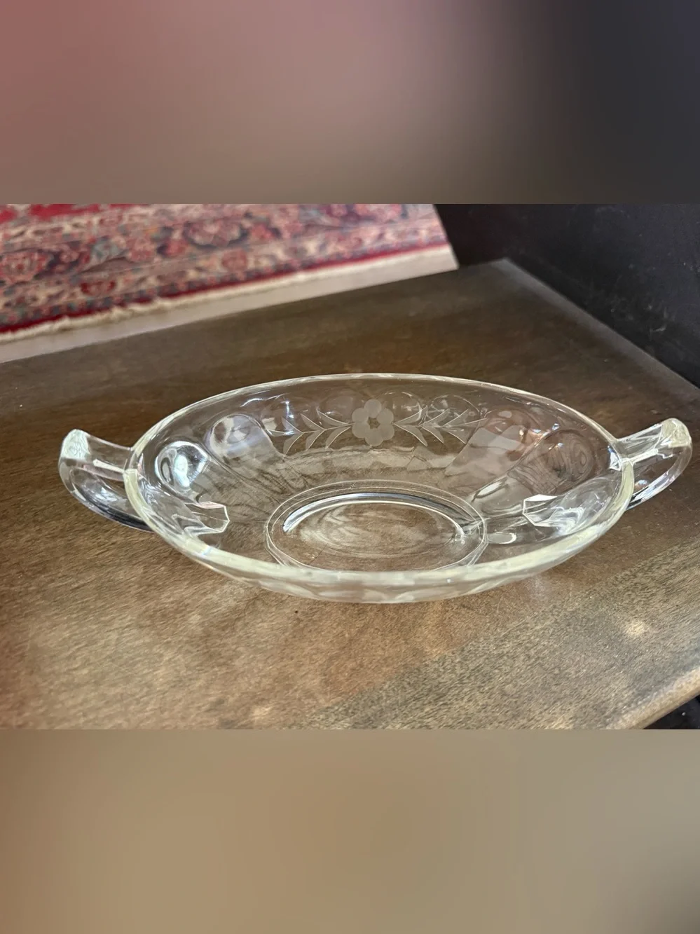 Vintage Floral Cut and Etched Glass Cream, Sugar, and Dish Set